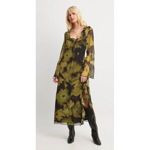 NA-KD Ruffle Detail High Slit Maxi Dress EU 38 S/M Green Black Floral Artsy Boho